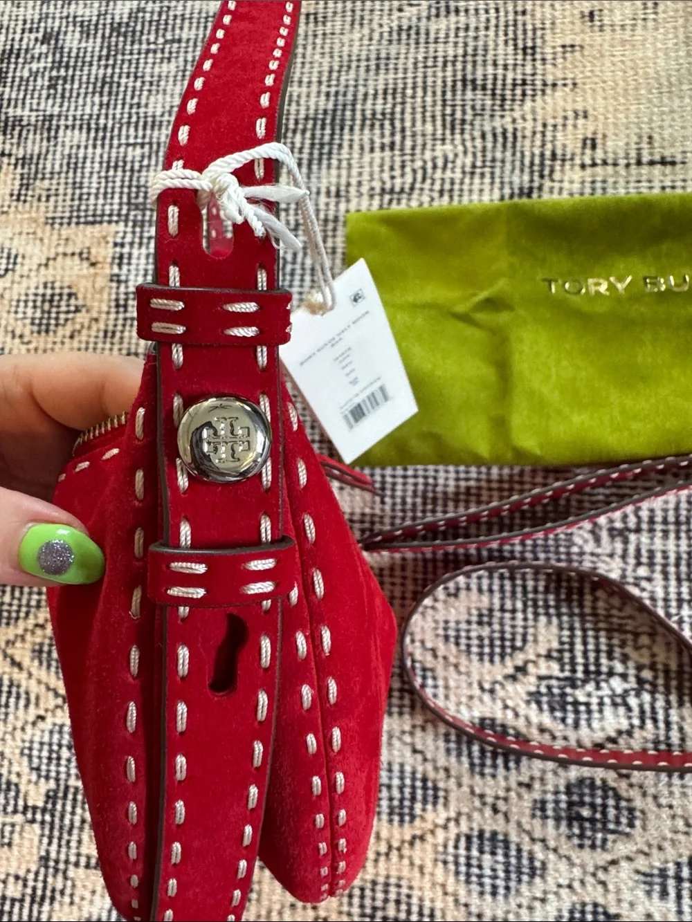 Tory Burch Romy Half Moon Shoulder Bag Suede Red OS - Picture 7 of 8